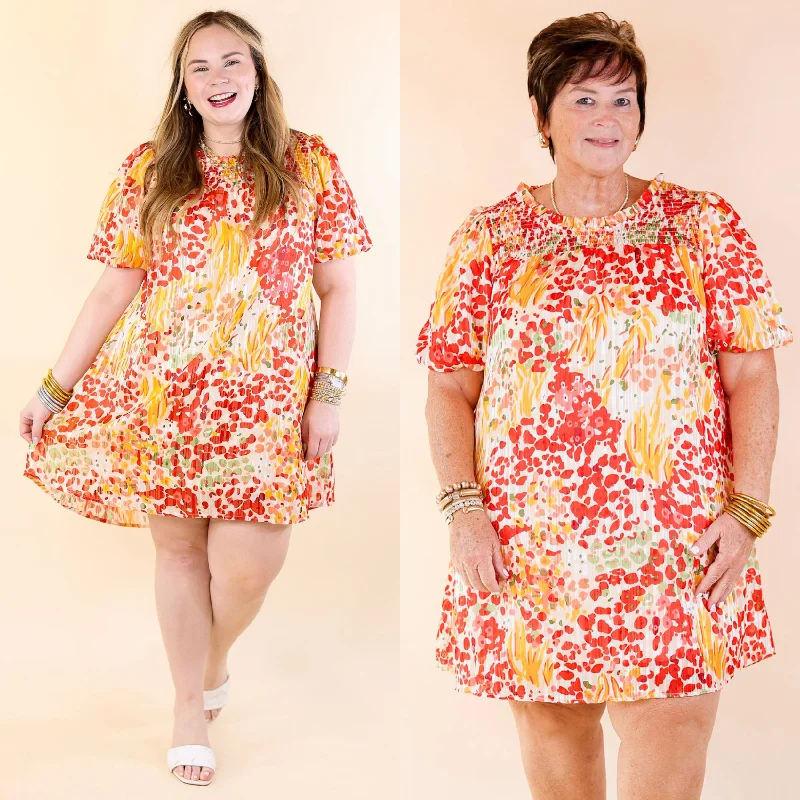 short sleeve ultra-modern dress -Simply Radiant Mix Floral Print Dress with Short Sleeves in Red and Yellow Mix