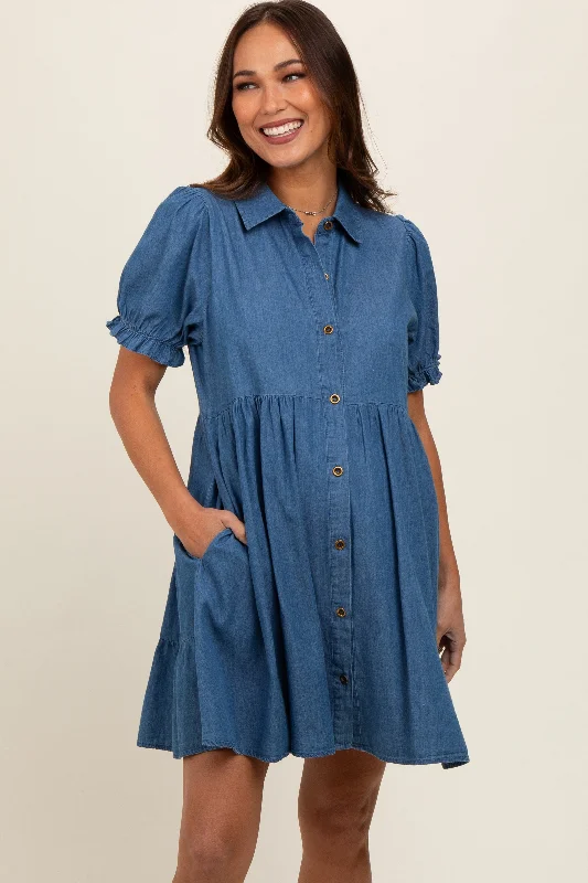 maternity ruched maternity dress -Blue Chambray Puff Sleeve Button Down Maternity Dress