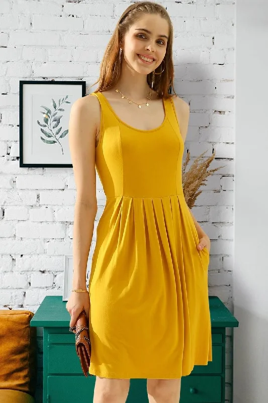 sleeveless glitter dress -CASUAL SLEEVELESS PLEATED POCKETS DRESSES