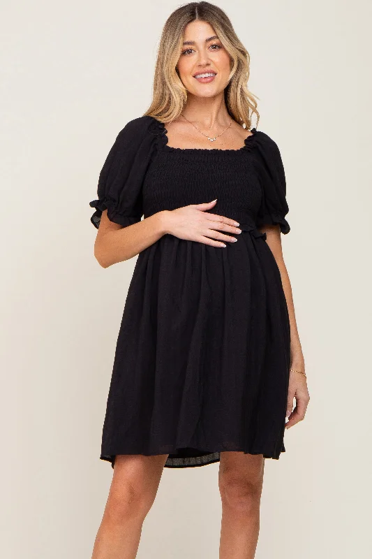 maternity sweater dress -Black Smocked Puff Sleeve Maternity Dress