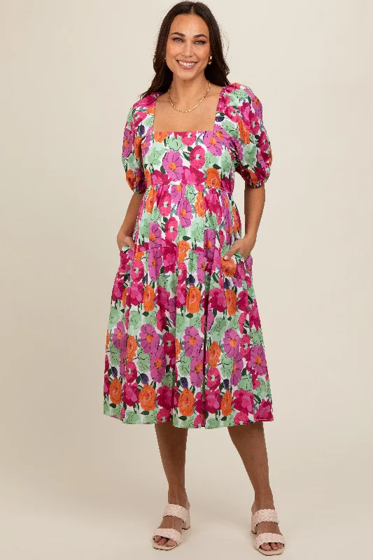 maternity floral print dress -Magenta Floral Print Puff Sleeve Maternity Dress