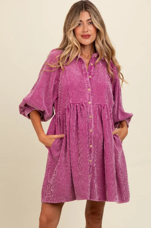 maternity eco-friendly dress -Magenta Corduroy Button Down Maternity Dress