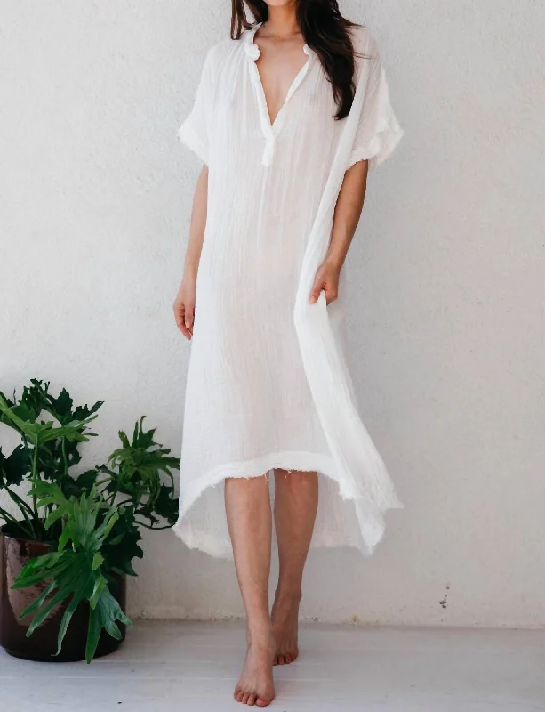 short sleeve shiny dress -Tunisia Lightweight Cotton Gauze Short Sleeve Caftan In White