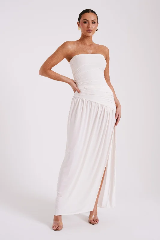 Women's maxi dress high neckline -Bex Strapless Slinky Maxi Dress With Split - Ivory