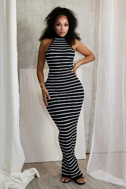 Women's maxi dress casual plaid -Verona Stripe Mock Neck Maxi Dress