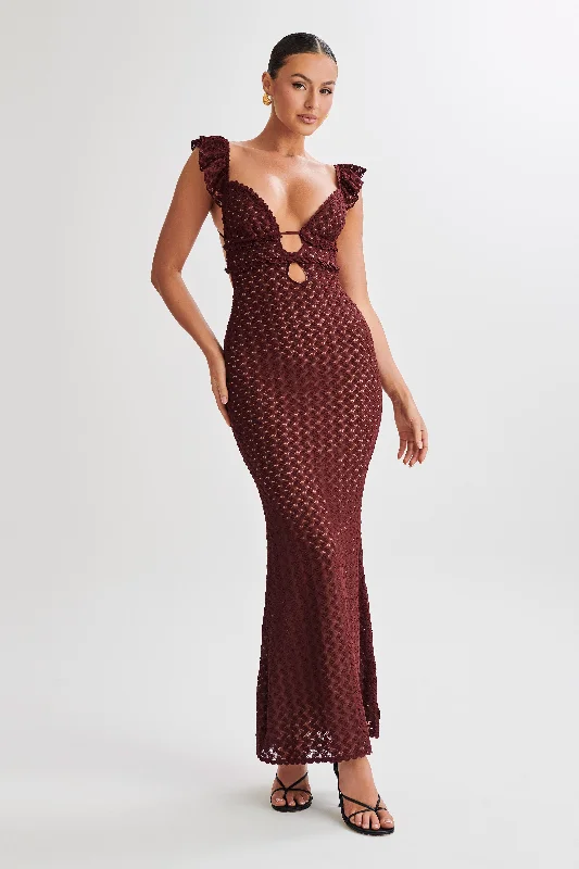 Women's maxi dress crisp denim -Ezra Lace Maxi Dress - Plum