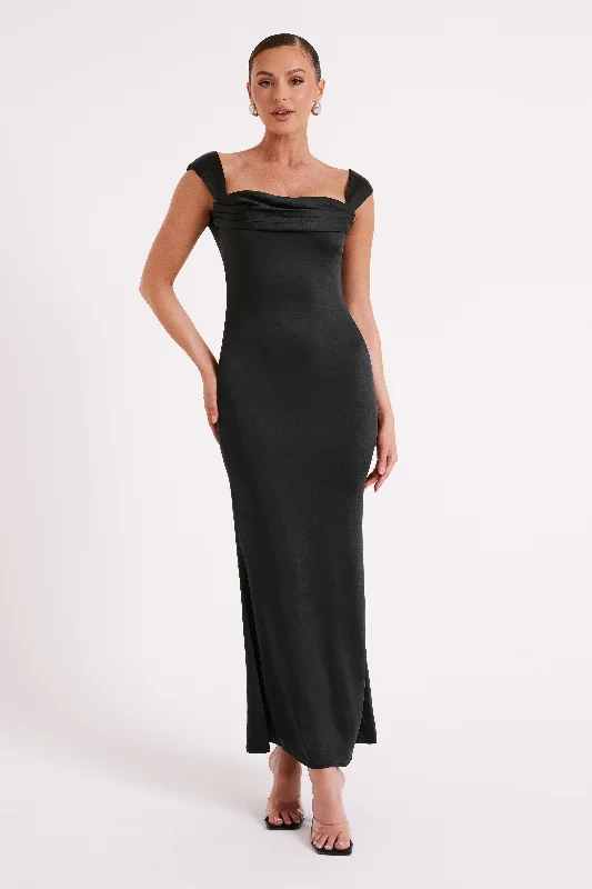 Women's maxi dress delicate lace -Lacey Backless Satin Maxi Dress - Black