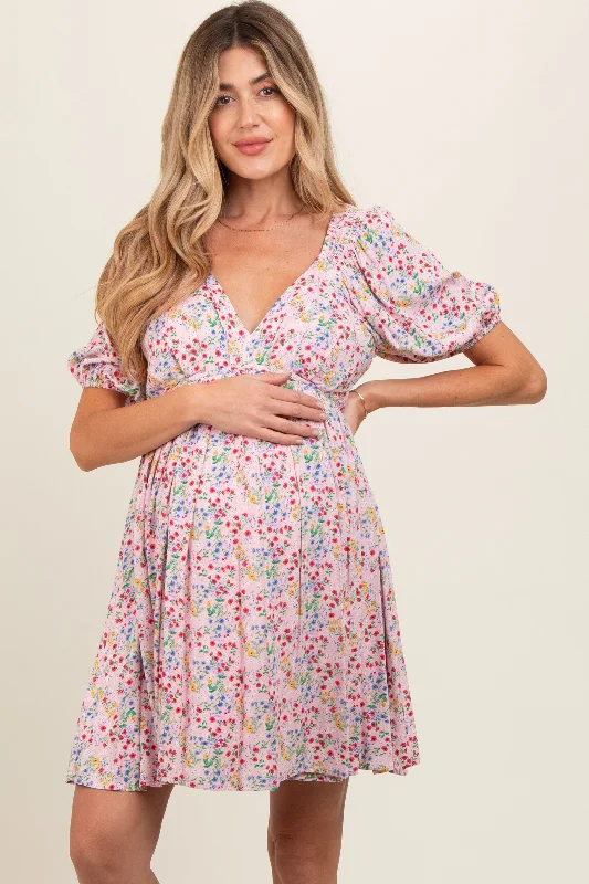 maternity lounge dress -Pink Floral V-Neck Cutout Back Maternity Dress