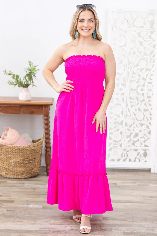 Women's maxi dress evening denim -Fuchsia Strapless Boho Maxi Dress