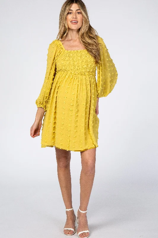 maternity polka dot dress -Yellow Textured Dot Smocked Square Neck Chiffon Maternity Dress