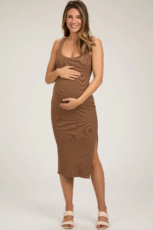 maternity princess style dress -Camel Ribbed Knit Sleeveless Side Slit Maternity Dress