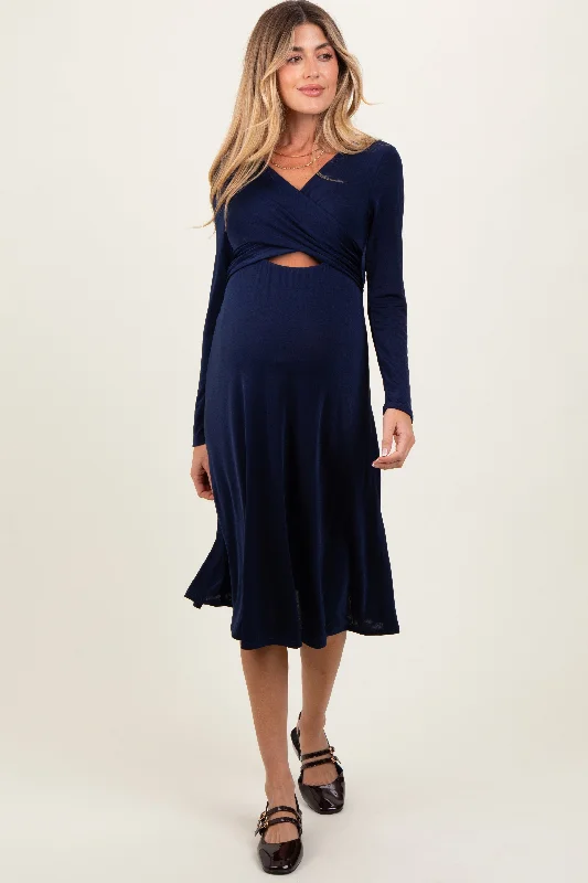 maternity maternity sweater dress -Navy Crossover V-Neckline Long Sleeve Maternity Nursing Dress