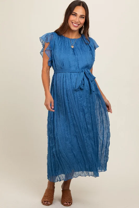 maternity chic maternity dress -Blue Short Sleeve Crinkle Self Tie Maternity Dress