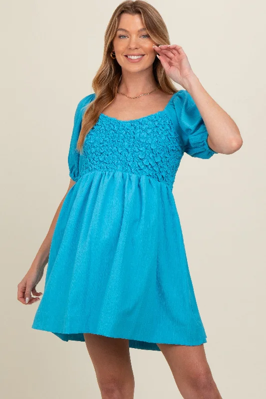 maternity lace overlay dress -Turquoise Textured Bodice Maternity Dress