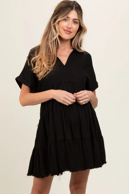 maternity baby shower outfit -Black Tiered Linen Maternity Dress