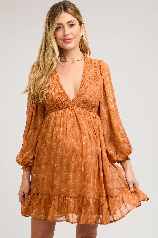 maternity flexible fit dress -Orange Floral Smocked Long Sleeve Maternity Dress