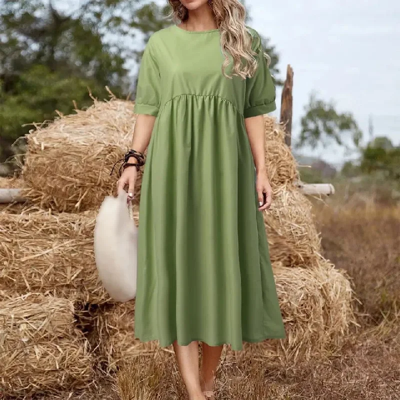 short sleeve pleated dress -Women's Short Sleeve Solid Loose Waist O-Neck Comfortable Style Casual Summer Long Dress 5XL B-108260