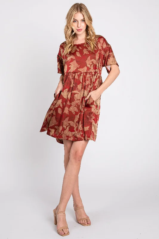 short sleeve tropical print dress -Rust Printed Short Sleeve Pocketed Dress