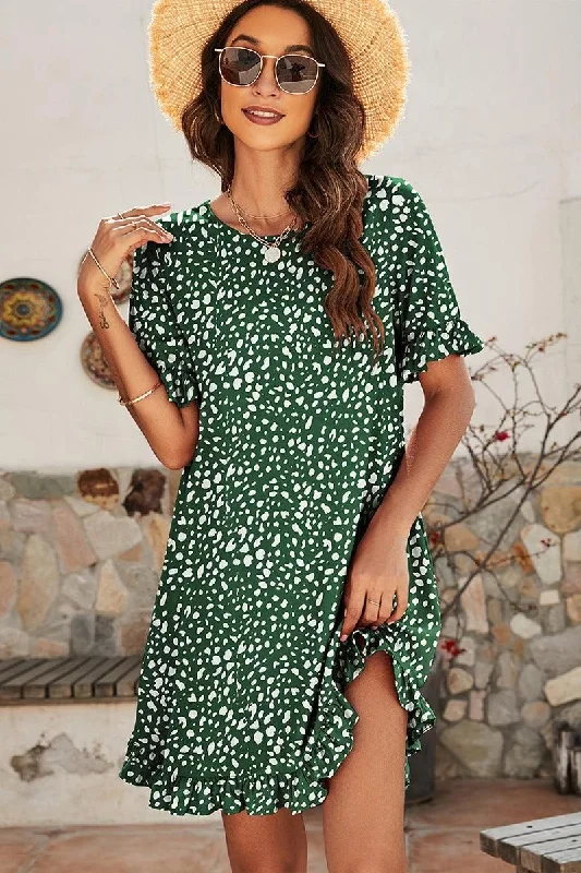 short sleeve sparkly dress -LEOPARD PRINTING RUFFLED SHORT SLEEVE DRESS