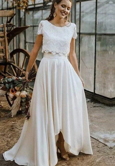 short sleeve petite dress -Bohemian Bateau Satin and Lace Two Piece Floor-length Short Sleeve Wedding Dress with Pleats