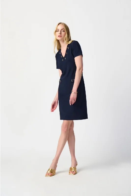 short sleeve green dress -Joseph Ribkoff Midnight Blue Eyelet Details Short Sleeves Shift Dress 241012