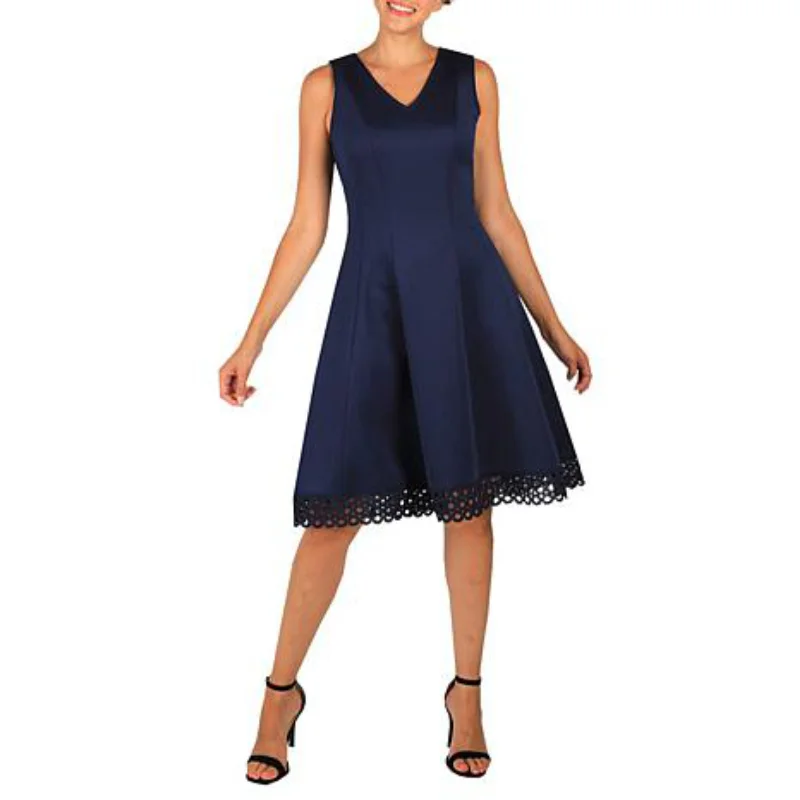 sleeveless layered chiffon dress -Donna Ricco Sleeveless Scuba Dress with Lace Hem