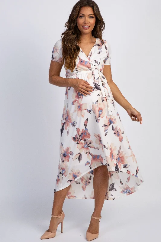 maternity elegant baby shower dress -PinkBlush Ivory Watercolor Floral Hi-Low Maternity Wrap Dress