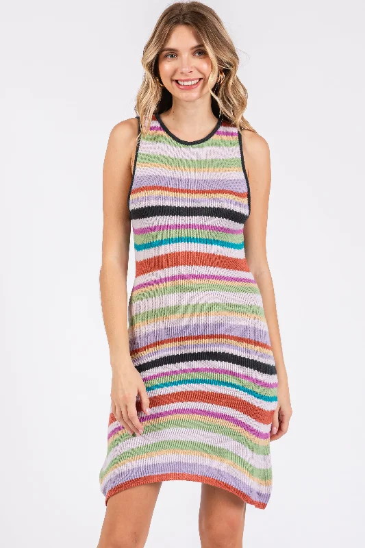 sleeveless eco-friendly dress -Green Striped Sleeveless Sweater Dress