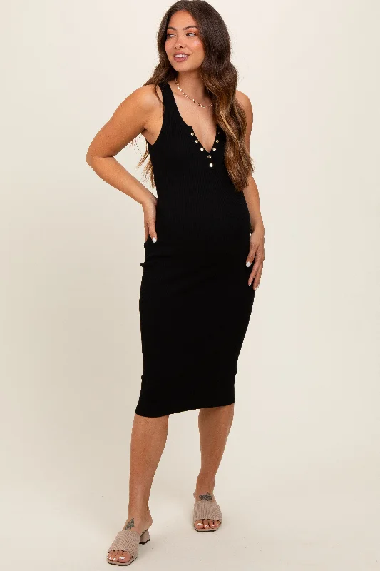 maternity formal dress -Black Ribbed Fitted Sleeveless Snap Button Maternity Dress