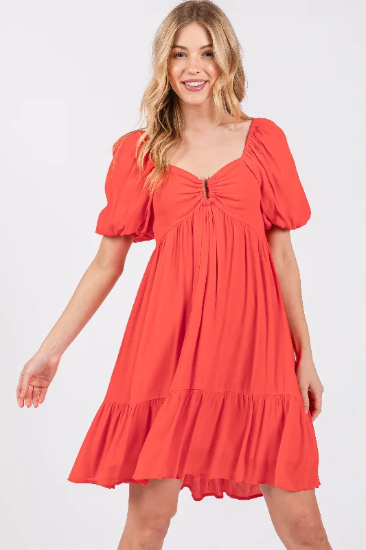 short sleeve ultra-feminine dress -Red U Notched Bubble Short Sleeve Dress