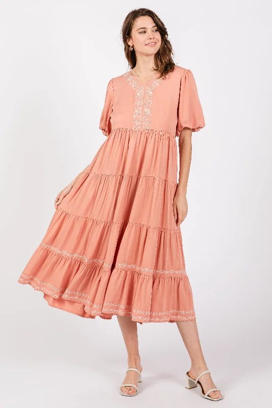 short sleeve warm-weather dress -Salmon Short Sleeve Tiered Dress