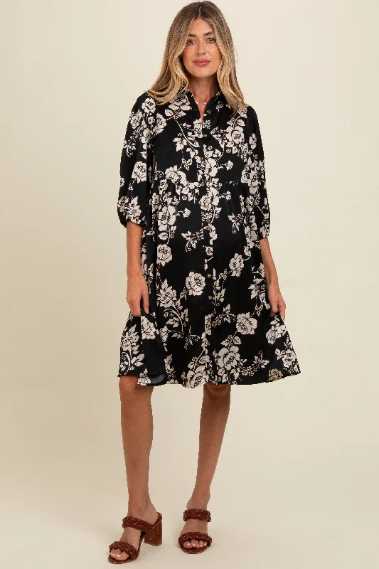 maternity layered maternity dress -Black Floral Button Down Collared Maternity Dress