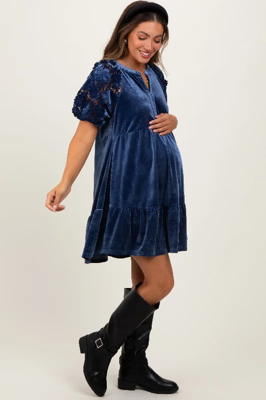 maternity bold color dress -Blue Velvet Floral Lace Short Sleeve Maternity Dress