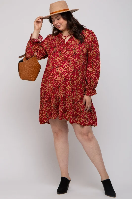 maternity vintage-inspired maternity dress -Red Leaf Print Long Sleeve Maternity Plus Dress