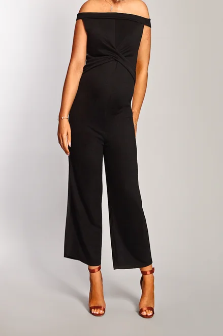 maternity stylish formal dress -Black Bardot Maternity Twist Front Culotte Jumpsuit