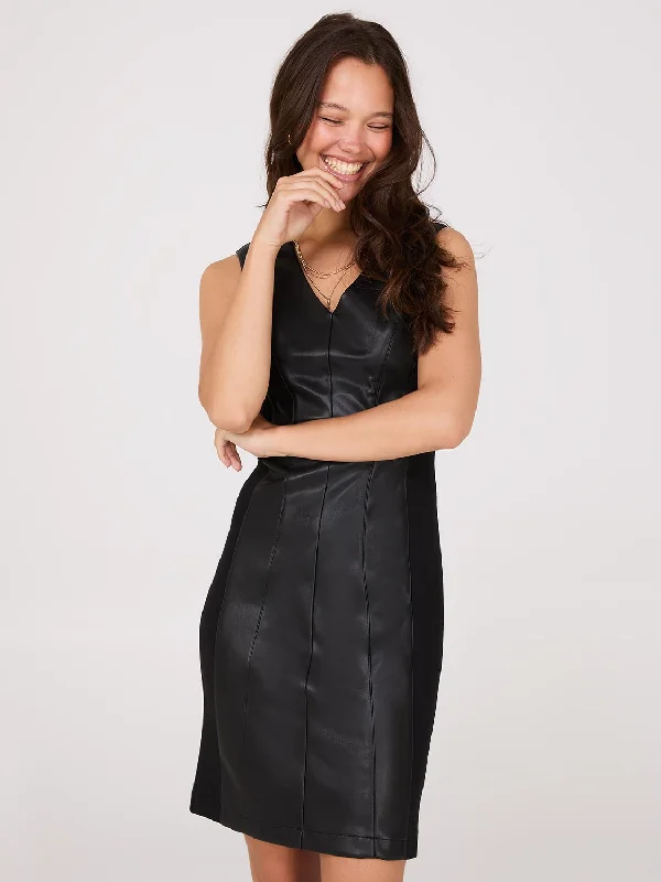 sleeveless comfy lounge dress -Sleeveless Faux Leather Sheath Dress