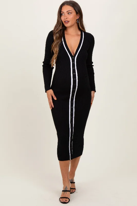 maternity gender reveal dress -Black Knit Contrast Stripe Button Down Maternity Dress