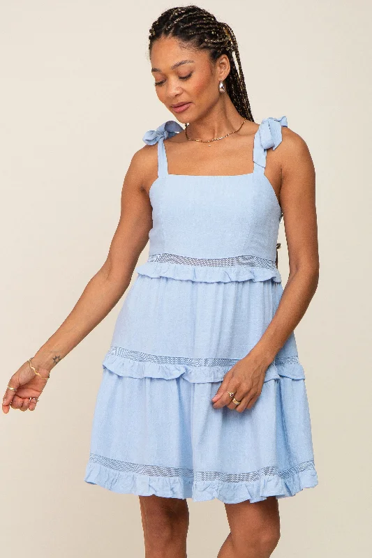 sleeveless daisy print dress -Light Blue Sleeveless Tiered Dress