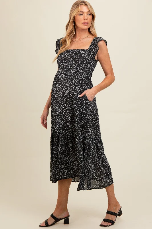 maternity sparkly dress -Black Ruffle Strap Smocked Maternity Mid Dress