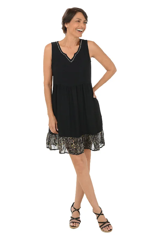 sleeveless timeless design dress -Black Animal Hem Sleeveless Babydoll Dress