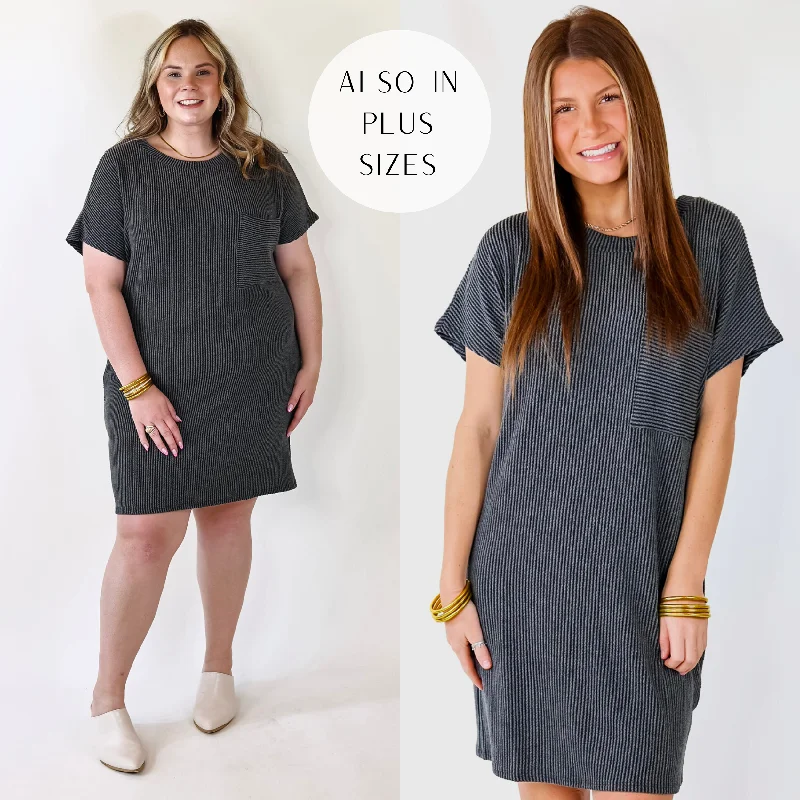 short sleeve puff sleeve dress -Coffee and Carefree Ribbed Short Sleeve Dress with Front Pocket in Charcoal