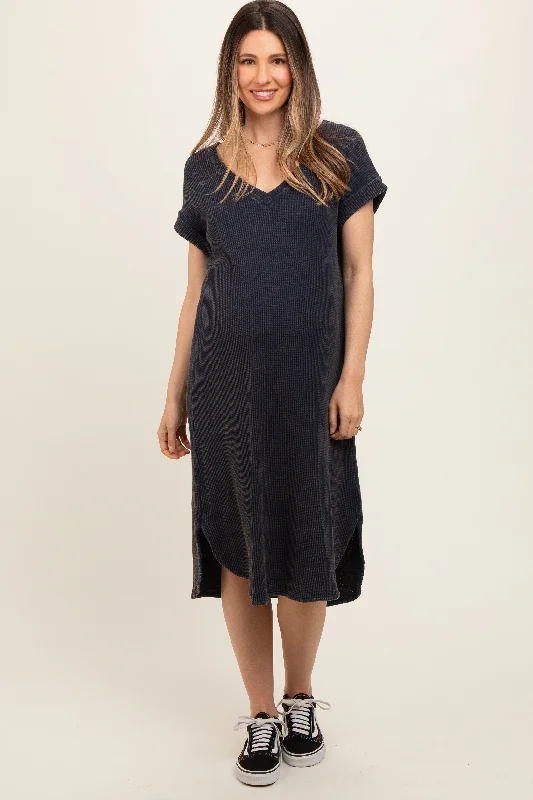 maternity loose fit dress -Navy Blue Waffle Knit Short Sleeve Maternity Dress