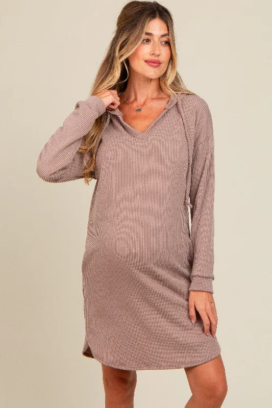 maternity cotton dress -Mocha Ribbed Hoodie Maternity Dress