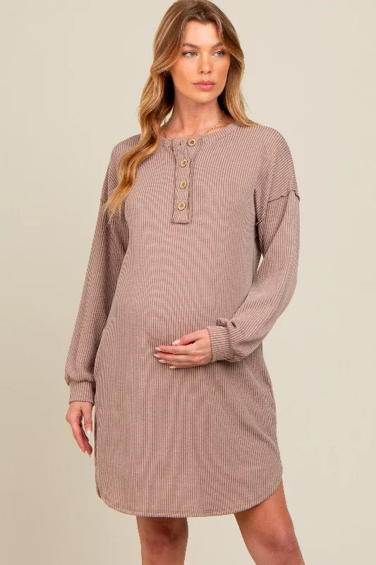 maternity tie waist dress -Mocha Ribbed Button Accent Maternity Dress