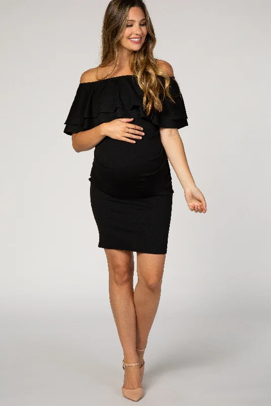 maternity pleated dress -Black Off Shoulder Ruched Maternity Dress