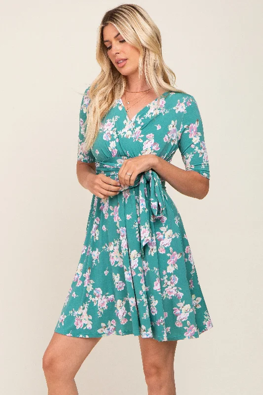 short sleeve trendy dress -Jade Floral Wrap Front V-Neck Short Sleeve Dress