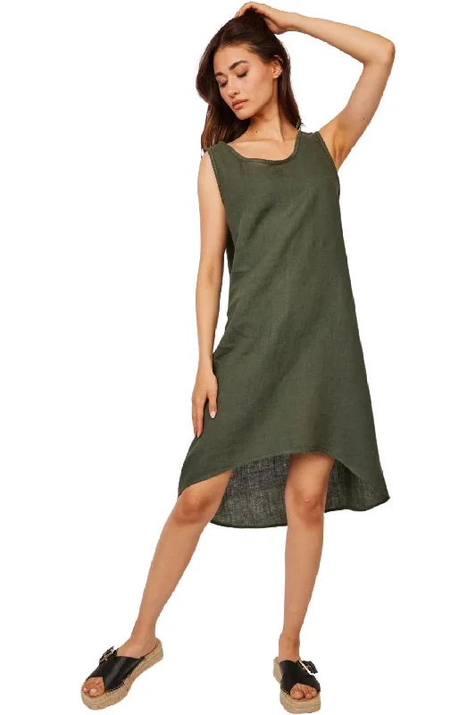 sleeveless unique design dress -Pistache Sleeveless Hi Lo Hem Linen Dress, Safari (R0230)