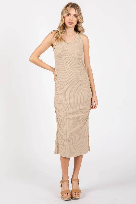 sleeveless dazzling party dress -Taupe Sleeveless Ribbed Ruched Dress