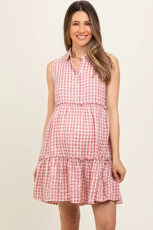 maternity elegant lace dress -Pink Gingham Button Front Collared Maternity Dress