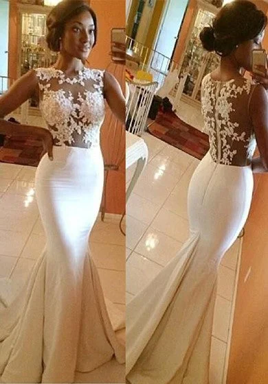 sleeveless loose dress -Mermaid High Neck Satin Applique Sleeveless Sweep Train Wedding Dresses